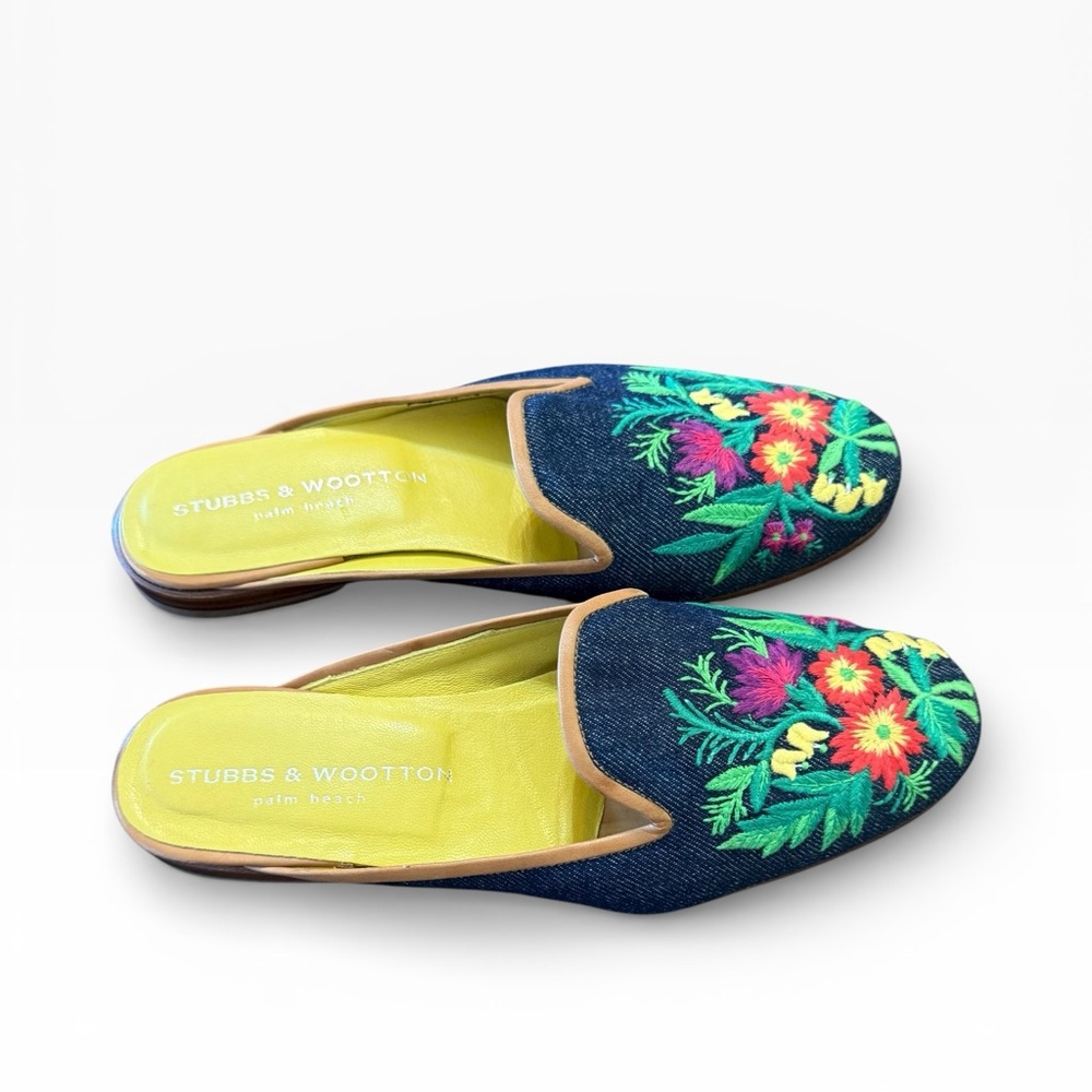 Stubbs & Wooten Emrodiery Vibrant Floral Denim Mules Slip On 7.5 - Picture 5 of 14